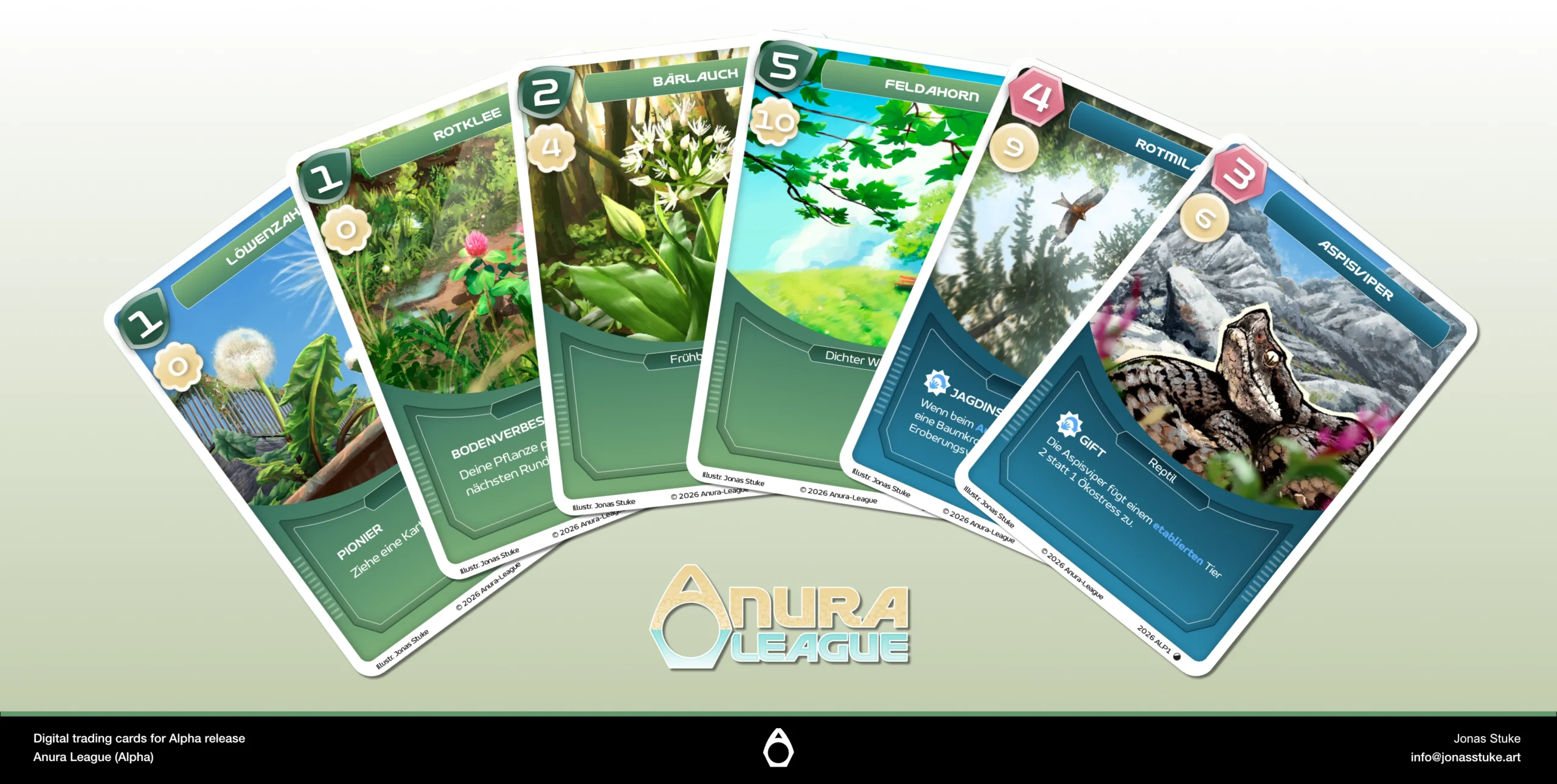An image showing six playing cards from the mobile game "Anura League"